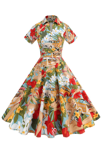 Flor Uma linha estampada vestido vintage 1950s